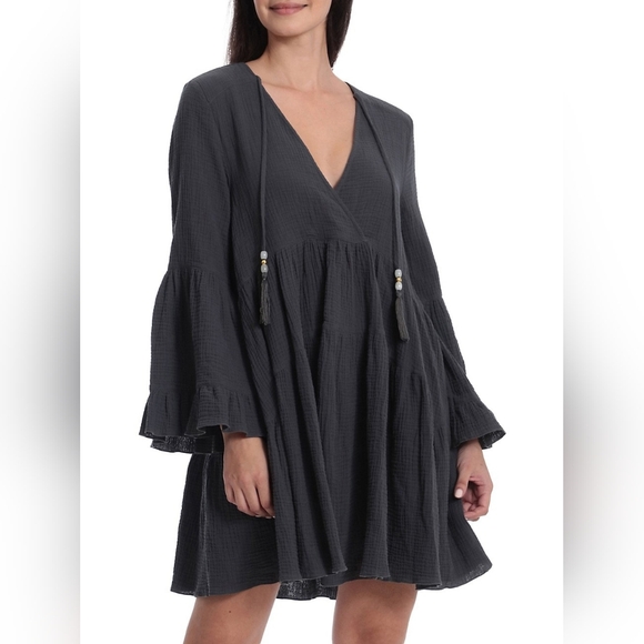 AVEC LES FILLES Gray Oversized Fit Cotton Mini-Tiered Dress XS - Picture 1 of 9